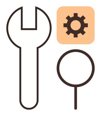 Basitleştirilmiş anahtar, vites simgesi ve büyüteç onarım, mühendislik, sorun çözme ve soruşturma tasvir ediyor. Yazılım geliştirme, problem çözme ve arama teknolojisi araçları için ideal