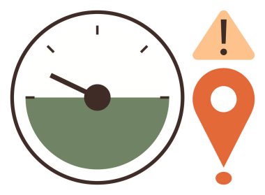 Yarı yeşil göstergeli hız göstergesi, turuncu ünlem uyarısı ve harita broşu dikkat, izleme ve aciliyeti vurguluyor. Navigasyon, risk, teslim tarihleri, verimlilik takibi için ideal basit yassı güvenlik