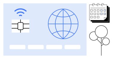 Fişi ve kablosuz sinyali olan kredi kartı, küresel bağlantı için dünya ikonu, takvim ve balonlar. Dijital ödeme, çevrimiçi bankacılık, etkinlik planlaması, ağ kurma, kutlama güvenliği için ideal