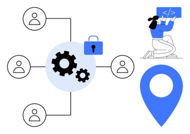 Ağ kullanıcılarına bağlı dişliler, asma kilit güvenlik, kişi kodlaması ve harita şifresi. Ekip çalışması, güvenlik, teknoloji, geliştirme, navigasyon için ideal basit bir iniş sayfası