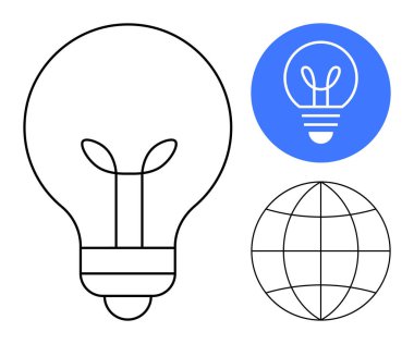 Ampul çizgisi, ampul ve küre çizgisi olan mavi daire yaratıcılığı, küresel çözümleri ve ekolojik bilinçli fikirleri yansıtır. Enerji, yenilik, eğitim, çevre ve teknoloji için ideal