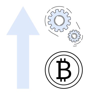 Yukarı doğru ok büyümeyi, engelleme mekanizmaları için bağlı dişlileri ve Bitcoin para birimi logosunu sembolize ediyor. Kripto para birimi, engelleme zinciri, büyüme, finans, teknoloji yenilik ekonomisi için idealdir. İnce.