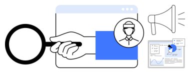 El ele tutuşan büyüteç, tarayıcı penceresi ve grafiklerin ve megafonun yanında profil simgesi. Pazarlama, SEO, reklamcılık, müşteri analizi, veri görselleştirme, basit analitik iniş sayfası için ideal