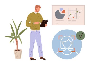 Fabrikanın yanında tabletli bir adam, grafikli veri tabloları, biyometrik doğrulama profili. Veri analizi, teknoloji, işyeri, analitik, güvenlik yeniliği ve ilerleme için ideal. Basit.