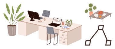 Bilgisayarlar, sandalyeler, ofis malzemeleri, saksı bitkileri, kahve fincanı, masa üstü aksesuarları ve çerçeve. Çalışma ortamı için ideal, organizasyon üretkenlik minimalizm yeşillik modern