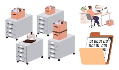 Dosyalar, kutular ve dizüstü bilgisayarlarla dolu dolaplar. Dijital dosyaları yöneten bir işçinin yanında. Veri depolama, ofis iş akışı, dijital dönüşüm, organizasyon, iş verimliliği için ideal