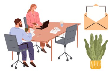 İki meslektaş, açık bir zarf ve dekoratif bir saksı bitkisinin yanında doküman ve dizüstü bilgisayarla ortak bir masada çalışıyor. Takım çalışması, iletişim, işyeri, organizasyon, işbirliği için ideal