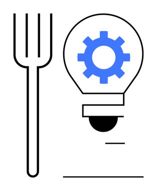 Çatal ve ampul içinde yaratıcılığı, teknolojiyi ve mutfak alanındaki yeniliği sembolize eden bir dişli. Konseptler için idealdir. Gıda mühendisliği, modern yemek, sürdürülebilirlik, ürün