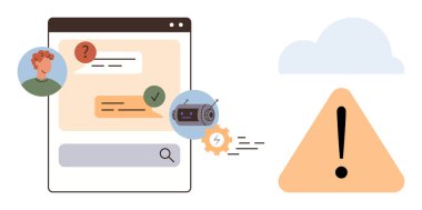 Kullanıcı avatarıyla sohbet penceresi, sohbet robotu otomasyonu, konuşma baloncukları, sorgulama doğrulaması, uyarı simgesi ve bulut. Teknik destek, yapay zeka, çevrimiçi gizlilik kullanıcı etkileşimi hatası için ideal