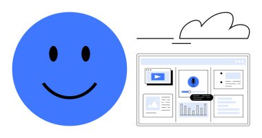 Mavi gülen surat, video ve veri simgeleriyle dolu bir web sitesi ve gösterge panelinin yanında. Mutluluk, teknoloji, bulut hesaplama, UX, veri, dijital pazarlama, basit düz metafor