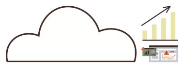 Yükselen grafik, grafikler ve ölçümlere sahip bulut iskeleti depolama, veri analizi ve büyümeyi vurguluyor. Teknoloji, iş stratejisi, dijital dönüşüm, yenilik verimliliği ölçeklenebilirliği için ideal