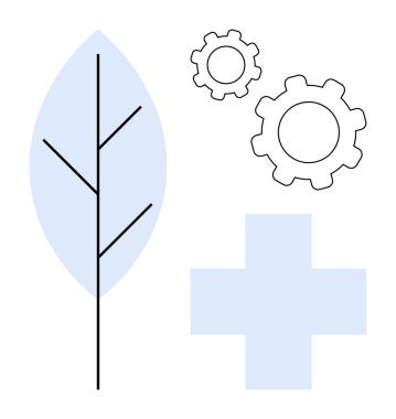 Stilize edilmiş yaprak, dişliler ve minimalist tarzda birleştirilmiş tasarım. Sürdürülebilirlik, yenilik, sağlık, organik büyüme, çevresel çözümler, temiz enerji ve basit bir iniş sayfası için ideal