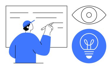 Basit doğrusal dizaynlı beyaz tahtaya yazı yazan kişi. Göz simgesi görüşü sembolize eder, ampul ise fikirleri. Planlama, yaratıcılık, strateji, beyin fırtınası, vizyon, analiz kavramları için ideal