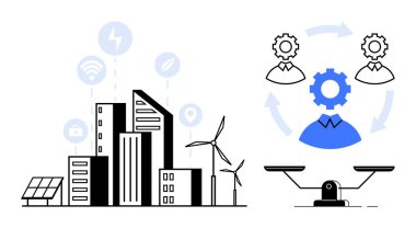 Rüzgar türbinleri, güneş panelleri, işbirliği vitesleri ve dengeli ölçekli akıllı şehir binaları. Sürdürülebilirlik, yenilenebilir enerji, takım çalışması, kentsel yenilik, eko-verimlilik dengesi için ideal gelecek