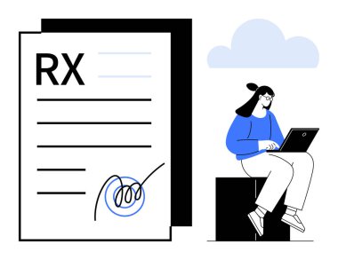RX formu ve yanında oturan kadın, yumuşak bulut arkaplanına karşı dizüstü bilgisayar kullanıyor. Sağlık, teletıp, elektronik kayıtlar, e-reçeteler, online danışma, teknoloji için ideal