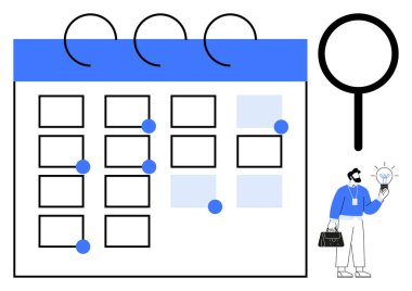 Vurgulanmış tarihli takvim, büyüteç, ampul tutan iş adamı. Planlama, organizasyon, yenilik, zaman yönetimi, beyin fırtınası verimlilik için ideal. Basit düz