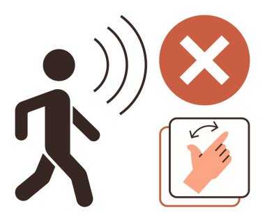 Hareket ederken ses dalgaları yayan, içki yasağı için çapraz iz bırakan ve el hareketiyle hareket eden biri. Erişilebilirlik, seyrüsefer, kısıtlama, etkileşim, ses algılama, yasaklama hareketi için ideal