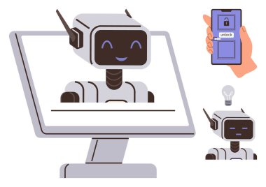 Bilgisayarda gülümseyen robot surat, akıllı telefonun kilidini açmak, ampul fikri ikonu. Yapay zeka, sohbet robotu, teknoloji, yenilik, müşteri arayüzü dijital güvenliği desteklemek için idealdir. Basit düz