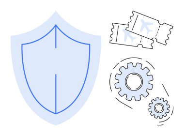 Uçuş biletlerinin yanında kalkan ve vitesler güvenliği, seyahat korumasını, operasyonları ve yönetimi simgeliyor. Seyahat, güvenlik, sigorta, lojistik, planlama optimizasyonu için ideal