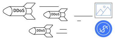 DDoS etiketli füzeler dijital içerik ve parasal sembollerin görüntülerine saldırıyor. Siber güvenlik, siber tehdit, hackleme, bilişim güvenliği, çevrimiçi saldırılar, veri güvenliği, basit düz metafor