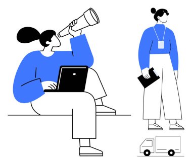 Kadın karakter keşif için bir teleskop ve dizüstü bilgisayar kullanırken, bir diğeri teslimat kamyonlarının yanındaki pano ile kontrol ediyor. Takım çalışması, lojistik, planlama, keşif, koordinasyon ve dağıtım için ideal