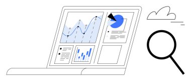 Laptop ekranında çizgi çizelgeleri, çubuklar ve pasta grafikleriyle birlikte bir büyüteç ve bulutun yanında analitik görüntüler var. Veri analizi, içgörü, planlama, araştırma, strateji, eğitim için ideal