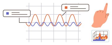 Turuncu ve mavi dalgalı grafikler, notlar, el hareketi etkileşimi vurguluyor ve veri yorumlaması. Analiz, içgörü, kullanıcı etkileşimi, araştırma, ilerleme eğitimi için ideal basit
