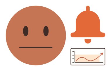 Tarafsız ifade duygusu, uyarı zili, yukarı doğru grafikler. Duygular için ideal, kullanıcı geribildirimleri, uyarılar, büyüme analizleri dijital iletişim eğilimleri. Basit düz metafor