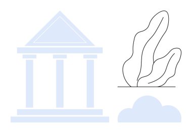 Soyut bitki ve tek bulut yanında sütunları olan klasik üçgen çatılı bina. Miras, eğitim, hukuk, mimari, tarih, ekolojik bilinç kavramları için ideal, basit iniş sayfası