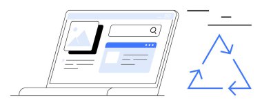 Resim yer tutucu ve gezinti menüsü ile arama sayfası düzenini gösteren dizüstü bilgisayar. Geri dönüşüm okları ekolojik bilinci simgeler. Teknoloji, sürdürülebilirlik, geri dönüşüm eğitimi ve dijital için ideal