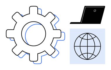 Büyük teçhizat, siluette dizüstü bilgisayar, bir kare içinde dünya. Teknoloji, yenilik, küresel bağlantı, dijital çözümler, verimlilik takım çalışması ve süreç entegrasyonu için ideal. Basit düz metafor