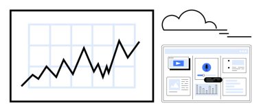 Çizgi çizelgesi yükselen eğilimi gösteriyor, bulut çevrimiçi depolamayı simgeliyor, veri odaklı gösterge paneli öngörüleri gösteriyor. Ticari büyüme, veri analizi, teknoloji, finans, tahmin, bulut
