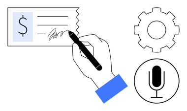 El ele tutuşma kalemi, vites ve mikrofon simgelerinin yanında bir çek imzalıyor. Finans, ödeme sistemleri, dijital araçlar, teknoloji, iletişim, otomasyon, basit iniş sayfası için ideal
