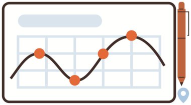 Veri trend çizgisi bir ızgara çizelgesinde birden fazla noktadan geçiyor ve yanında bir kalem var. Analiz, istatistik, iş büyümesi, mali planlama, raporlama, veri bilimi için ideal, basit düz metafor