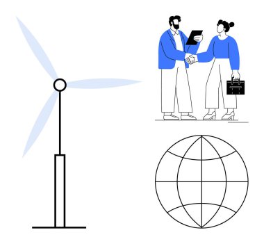 Temiz enerjiyi simgeleyen rüzgar türbini, iş ortakları bir belgeyle el sıkışıyor ve bir dünya çizgisi. Temalar için ideal sürdürülebilirlik, takım çalışması, yenilenebilir enerji, eko-iş