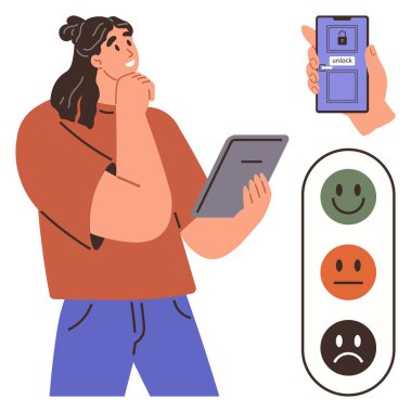 Tablet tutan düşünceli bir kadın, ekranın kilidini açmayan akıllı bir telefon, duyguları temsil eden geri bildirim simgeleri. Teknoloji, karar verme, güvenlik, geri bildirim, derecelendirme analitik kullanıcı deneyimi için ideal. A