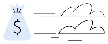 Dolar işaretli çanta, hızlı hareket eden çizgiler ve hız ve finansal hareketliliği simgeleyen bulutlar. Finans, ekonomi, işlemler, yatırımlar, dijital bankacılık, iş, tasarruflar için ideal. Basit.