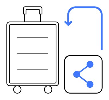 Çizgi sanatı çantası, mavi paylaşım ikonu, aşağı doğru eğimli ok. Seyahat, bağlantı, küresel erişim, paylaşım, navigasyon ve turizm için ideal