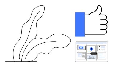 Soyut bir bitki çizgisi ve detaylı bir veri panelinin yanında olumlu bir jest. Geribildirim, büyüme, analitik, onay, başarı, etkileşim, minimal tasarım için ideal. Basit bir düz metafor.