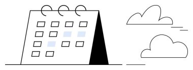 İşaretli tarihli masa takvimi, minimalist bulutlarla çevrili, planlama, organizasyon ve zaman yönetimini sembolize ediyor. Üretkenlik, hedefler, program, son teslim tarihi ofis işleri için ideal