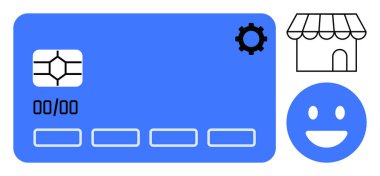 Mavi kredi kartında vitrin simgesi ve gülen surat var. Ödeme sistemleri, ecommerce, iş araçları, mali yönetim, çevrimiçi alışveriş, fintech yenilik, basit