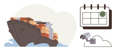 Kargo gemisi konteynırlar, güvenlik kamerası ve takvim işaretleriyle dolu. Ulaşım, güvenlik, sevkiyat takvimi ve lojistik yönetimine odaklan. Tedarik zinciri, ticaret, planlama için ideal