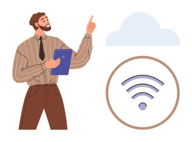Bulut ve kablosuz ikona doğru tablet jestleri yapan erkek sunucu. Teknoloji, iletişim, uzaktan çalışma, internet, yenilik, dijital çözümler ve eğitim için ideal. Basit düz metafor