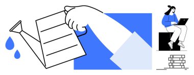 Dizüstü bilgisayarının üstünde kitap okuyan bir insanın büyümeyi sembolize ettiği bir kutudan su dökmek. Eğitim, kendini geliştirme, yenilik, bilgi paylaşımı, yaratıcılık, kişisel