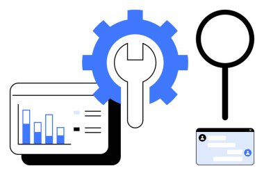 Grafikler, anahtar, büyüteç ve kullanıcı profili içeren ekipmanlar analitiği, optimizasyonu, problem çözmeyi, kullanıcı arayüzü tasarımını, teknolojiyi, veri odaklı kararları simgeler.