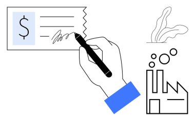 Cüretkar bir dolar işaretiyle el imzası çeki, finansı temsil ediyor. Fabrika, bitki sembolünün yanında baloncuk yayıyor. İş, sürdürülebilirlik, çevre, ekonomi, ekoloji ve sanayi konuları için ideal