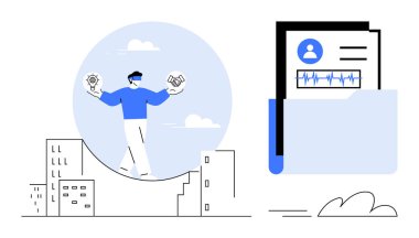 Şehir manzarası ve kullanıcı profili olan bir klasörle çevrili ampul ve tokalaşma simgelerini tutan bir yolda dengede duran kişi. Liderlik için ideal, yenilik, takım çalışması, karar verme mekanizması, veri