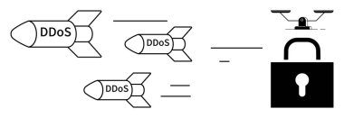 DDoS etiketli füzeler asma kilide doğru ilerliyor. Siber tehdidi, ağ güvenliğini, çevrimiçi savunmayı ve hacklemeyi sembolize ediyor. Siber güvenlik, bilişim tehdidi, veri koruma metaforu için ideal