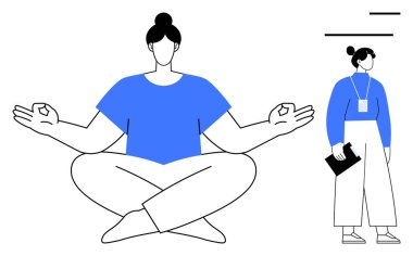 Bacak bacak üstüne atmış, rahat bir şekilde meditasyon yapan, Mudra 'da elleri olan başka biri elinde bir pano tutuyor. Farkındalık, denge, sağlık, iş-yaşam dengesi, iç huzur için ideal.