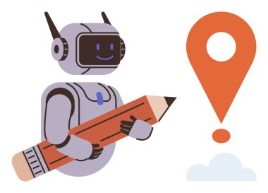 Robot, turuncu konum işareti ve küçük bulut yakınında kalem tutuyor. Yaratıcılık, teknoloji, yapay zeka, eğitim, yazı, navigasyon ve yenilik için idealdir. Basit düz metaforu temsil eder